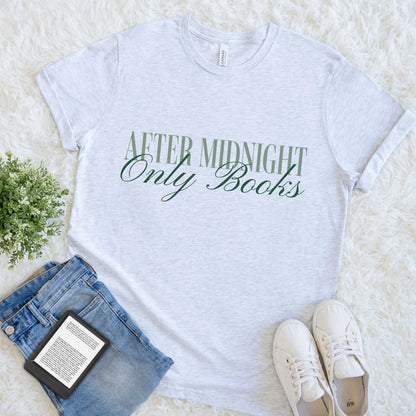 Soft ash grey reader shirt with minimalist typography for night readers