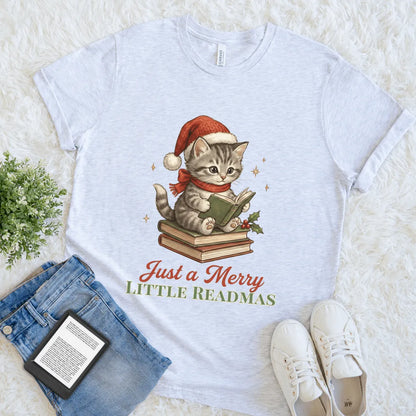 Soft cotton literary shirt with vintage Christmas kitty and “just a merry Readmas” text in ash grey