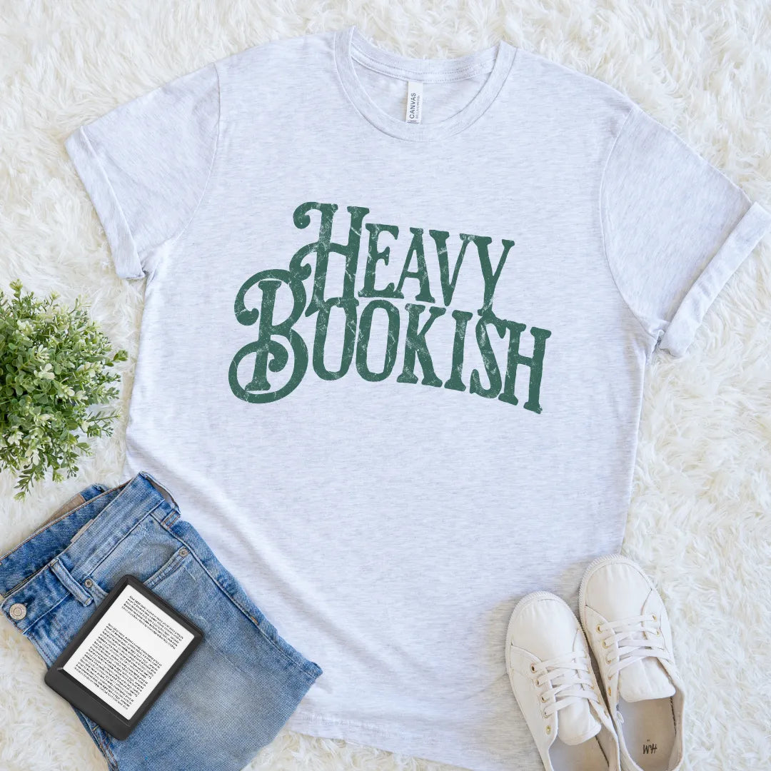Minimalist literary shirt featuring bold retro-inspired bookish text design in green vintage typography on ash grey fabric