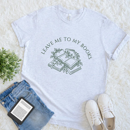 Cozy ash grey bookish tee with line art books ivy and leaves, light academia aesthetic flat lay