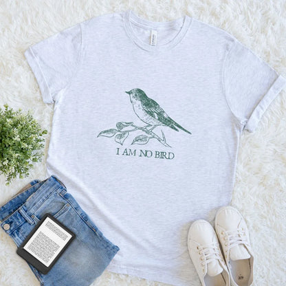 Soft ash grey reader shirt with elegant bird design and literary-inspired phrase