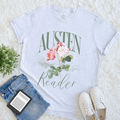 Ash grey  bookish T-shirt with pink floral illustration and Austen reader text in green typography