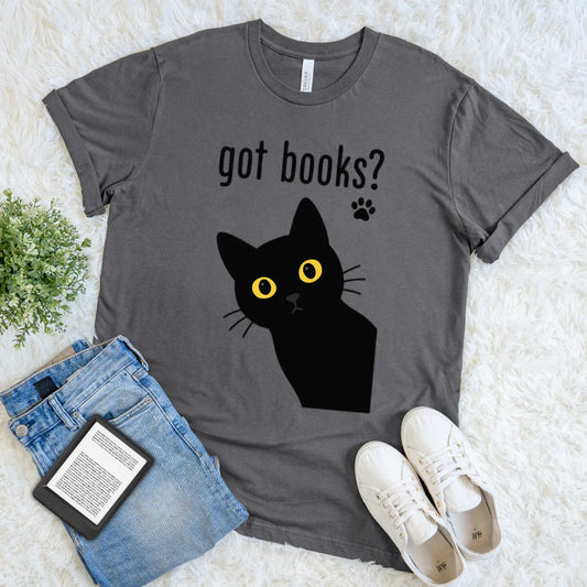 Cat peeking with “got books?” quote on grey-colored tee