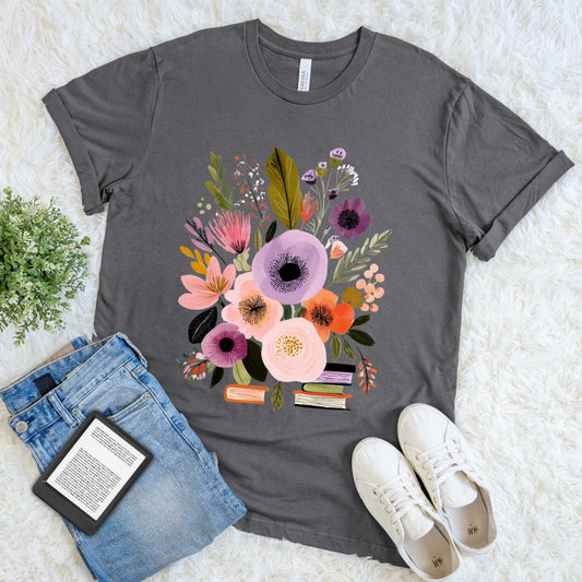 Cozy reading T-shirt with books and blooming flowers, introvert fashion