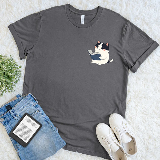 cute pocket cat reading t-shirt