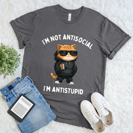 Grey bookish tee featuring sarcastic cat design and antisocial quote