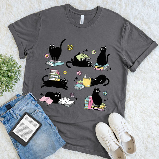 cute black cat reading shirt for book lovers