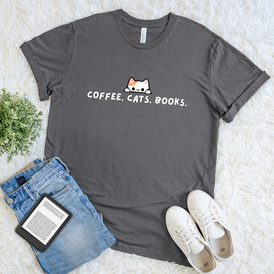 Dark gray T-shirt with calico cat and coffee cats books text