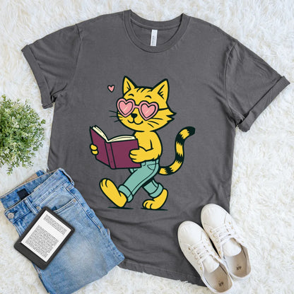 Playful book lover shirt with cartoon cat character