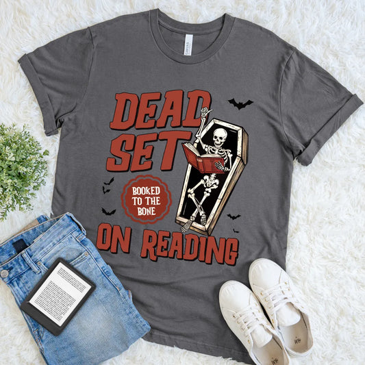 funny skeleton reading shirt with coffin and gothic text