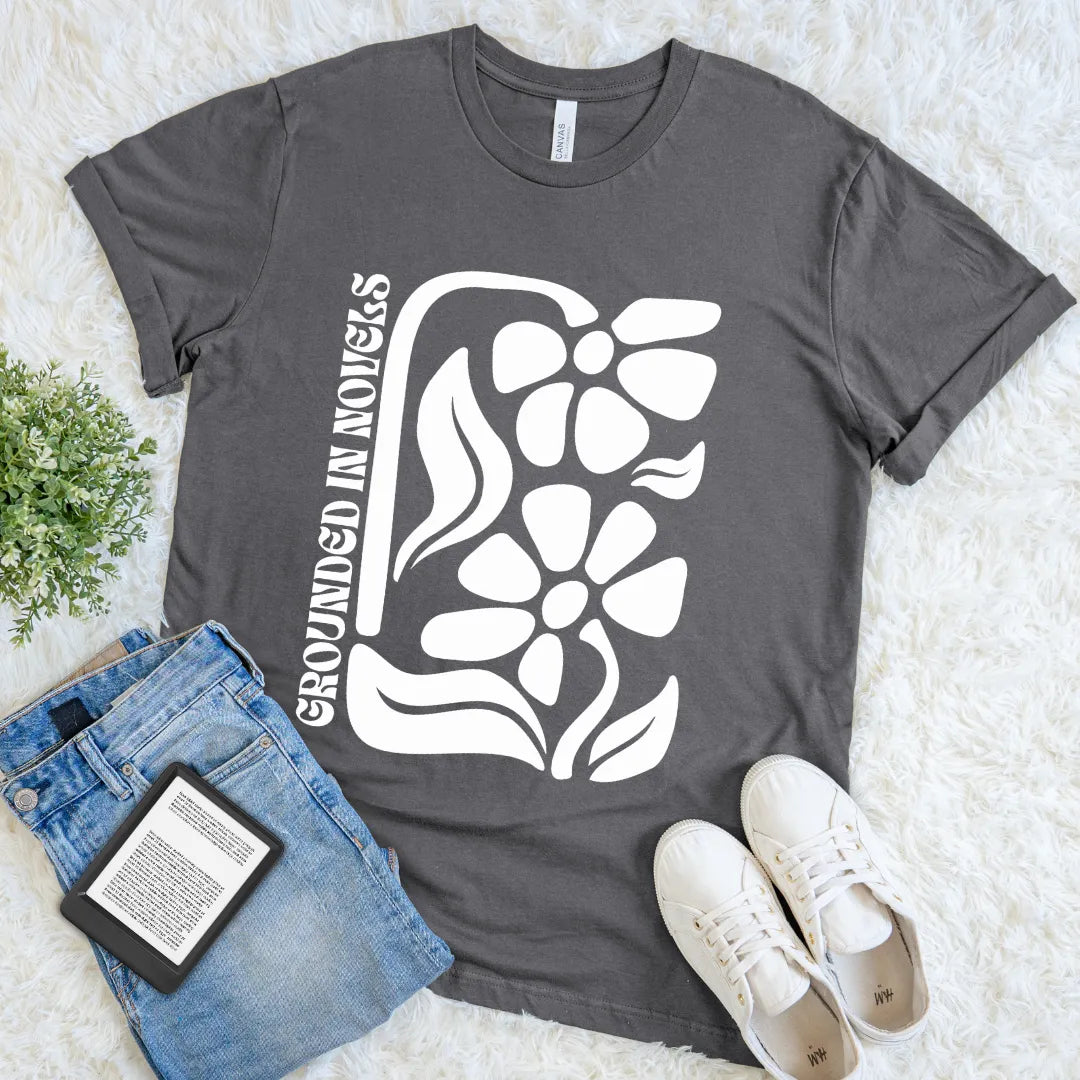 charcoal vintage bookish tee with white flower design