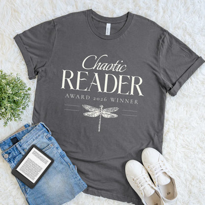 Bookish tee with bold typography and dragonfly design on charcoal soft cotton fabric