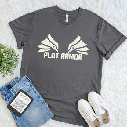 Fantasy-inspired reader shirt with bold typography and stylized wing illustration on asphalt gray cotton