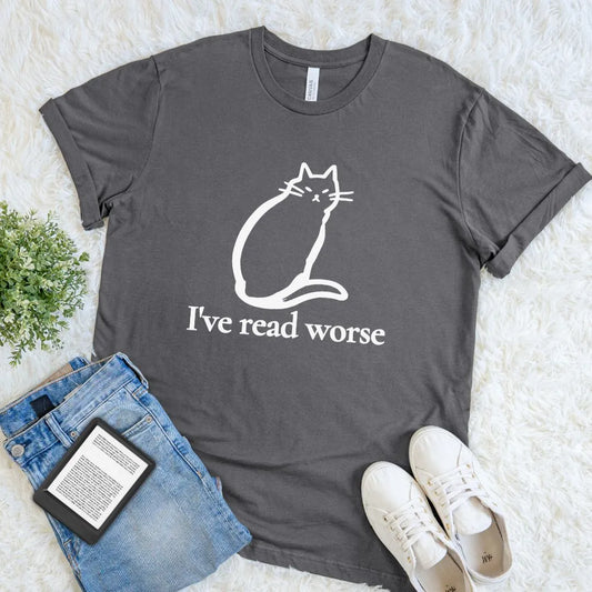 dark grey vintage inspired book lover T shirt with minimalist cat illustration and I've Read Worse quote