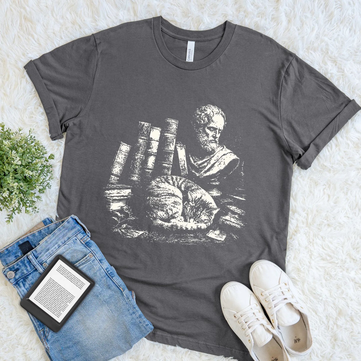 Dark Academia Graphic T-shirt - Library Cat and Classical Books Vintage Scholar Tee