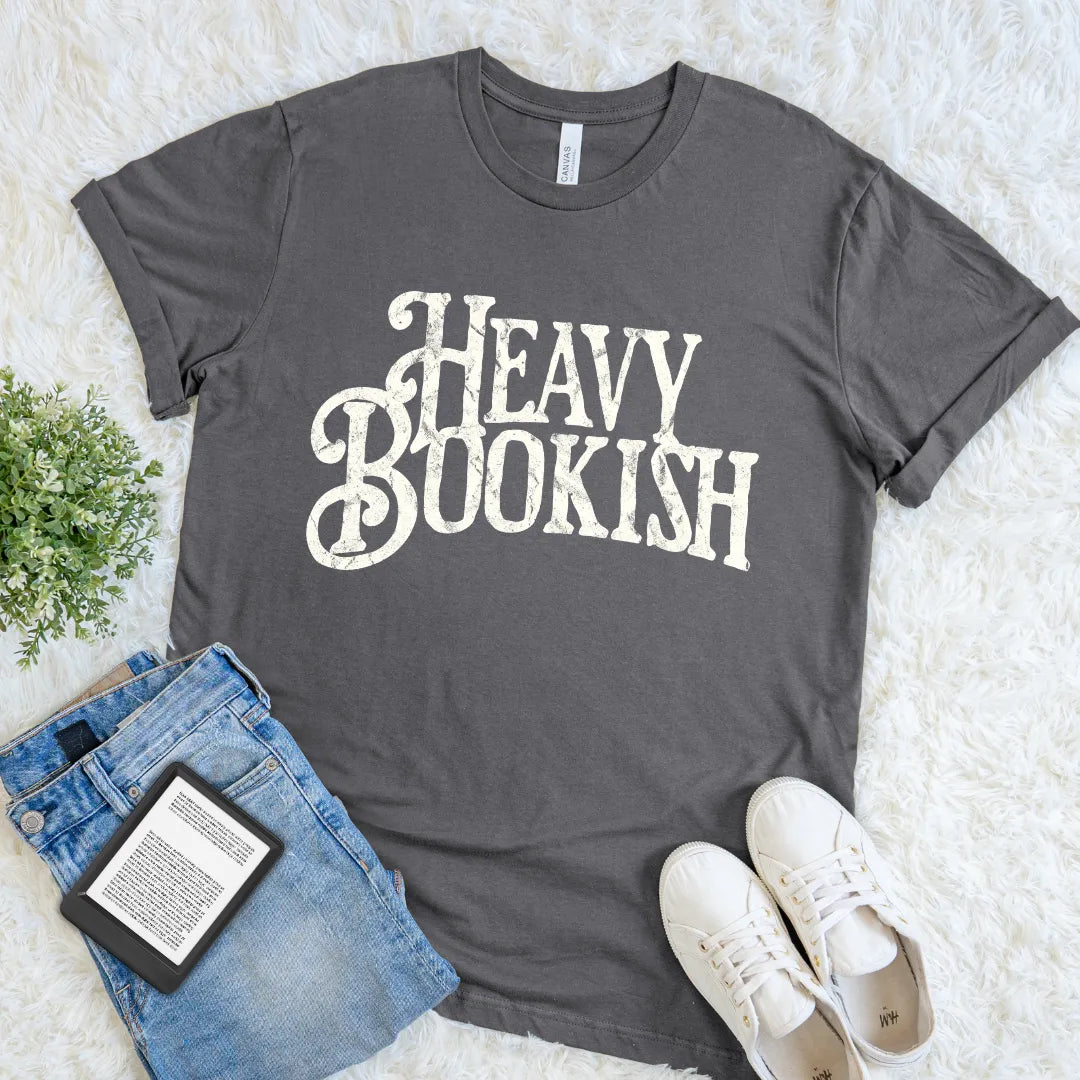 Vintage-inspired bookish shirt with bold serif typography on dark grey soft cotton fabric