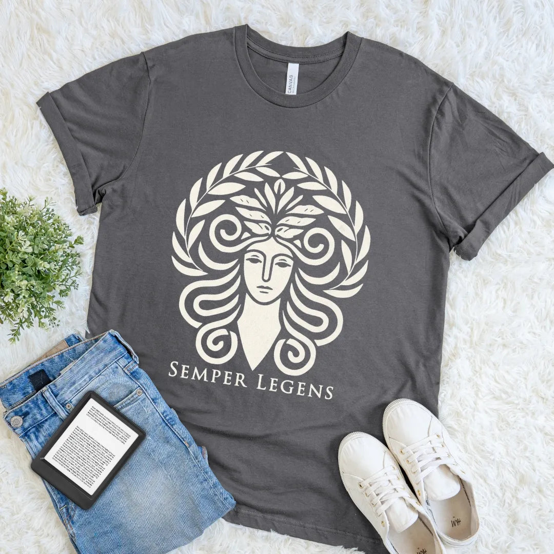 Asphalt dark academia tee with a symmetrical ram-horned reader emblem and Semper Legens meaning always reading