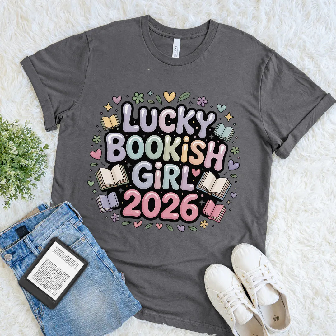 Cute pastel typography design for teen bookworms on dark grey cotton t-shirt