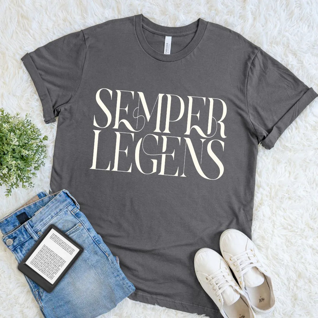 Soft cotton reader shirt with Semper Legens Latin phrase on a charcoal grey fabric