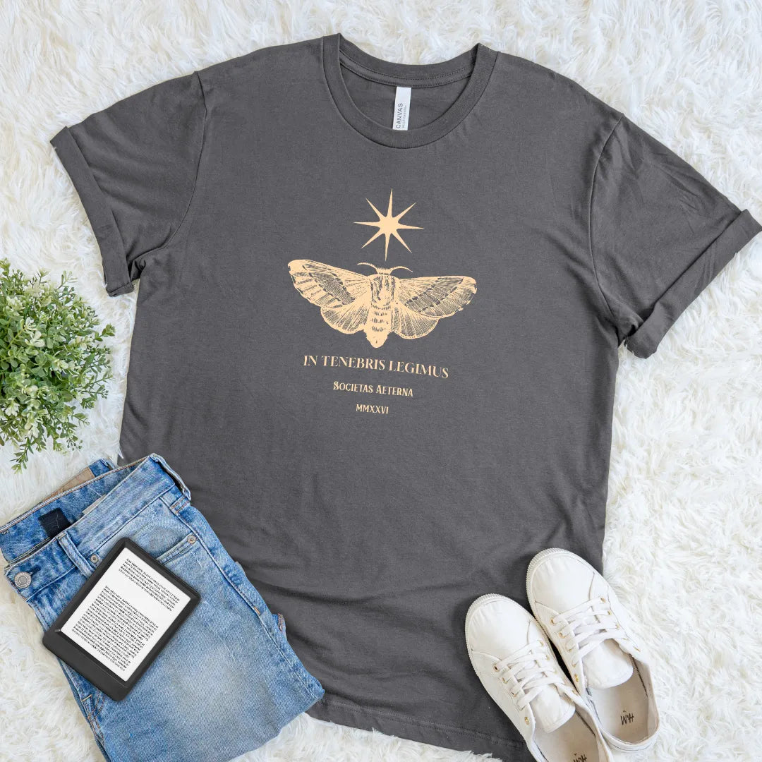 A minimal literary tee for introverted book lovers and midnight readers in asphalt grey