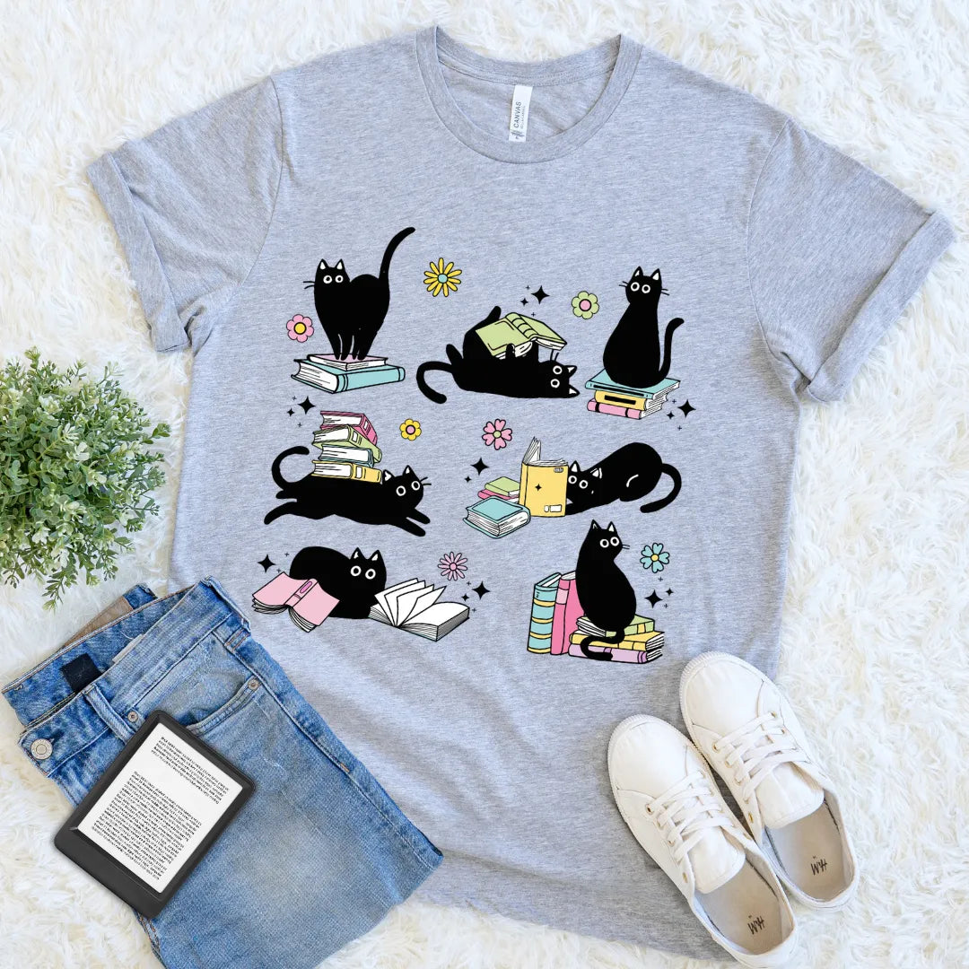 cute black cat reading shirt for book lovers