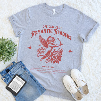 grey romance reader shirt with cherub and “Romantic Readers” text