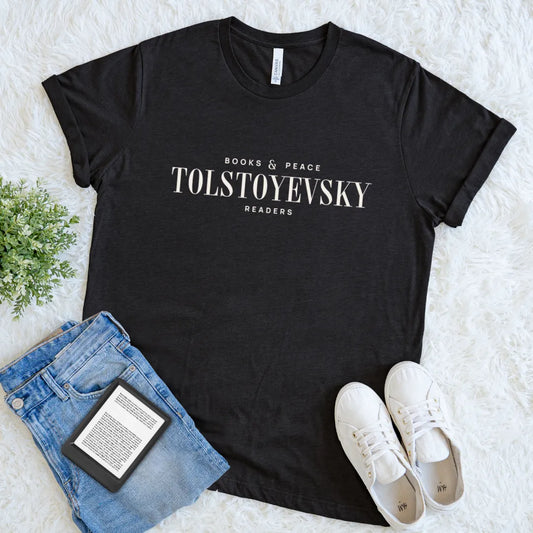 Funny minimalist reader shirt with classic literature joke inspired text design on soft cream fabric