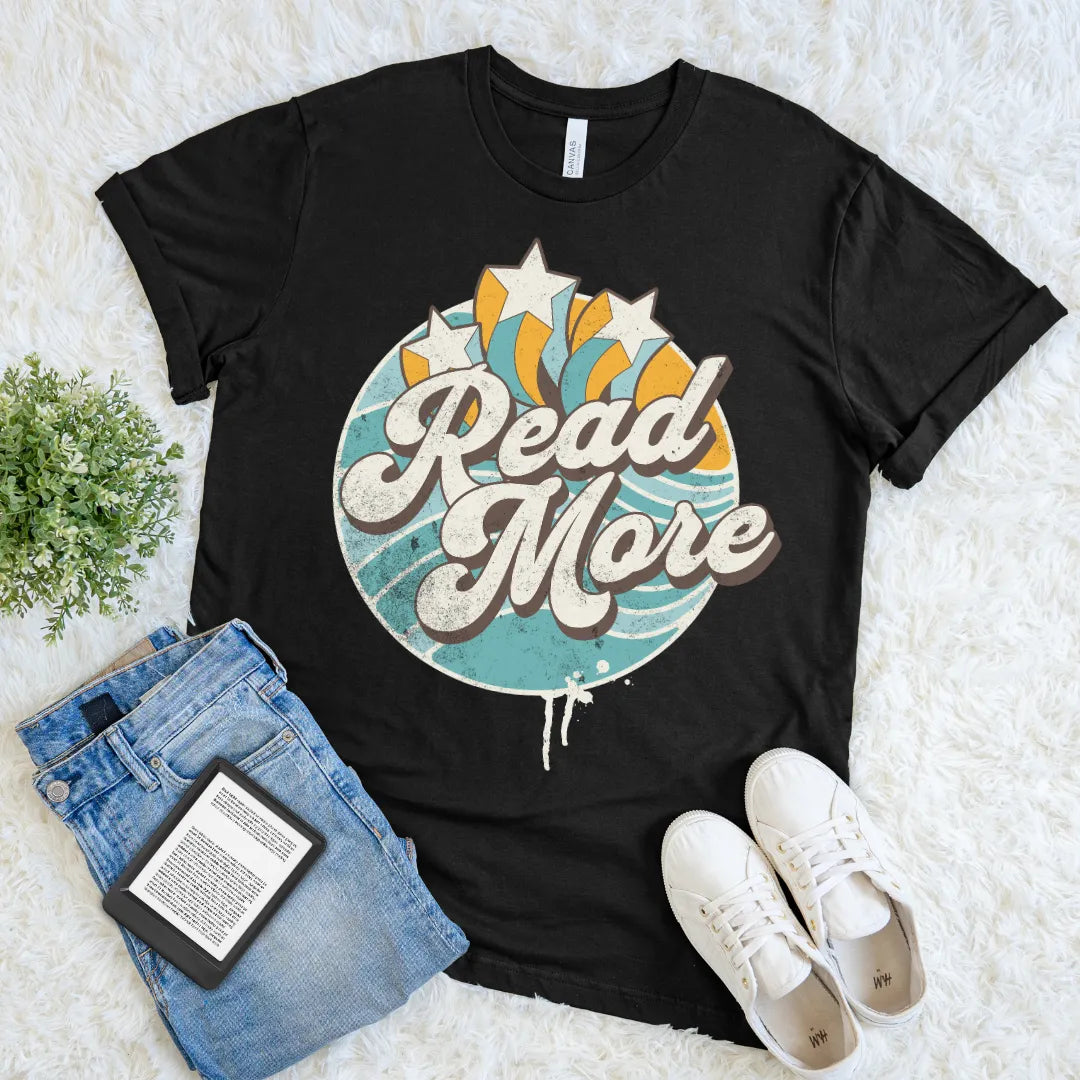 70s style book lover shirt with bold typography