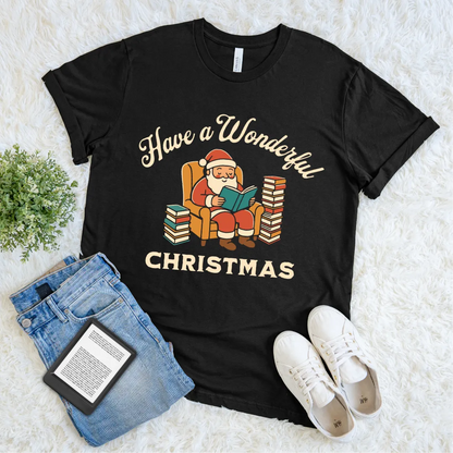 graphic t-shirt featuring Retro Santa reading  beside stacks of Christmas books 