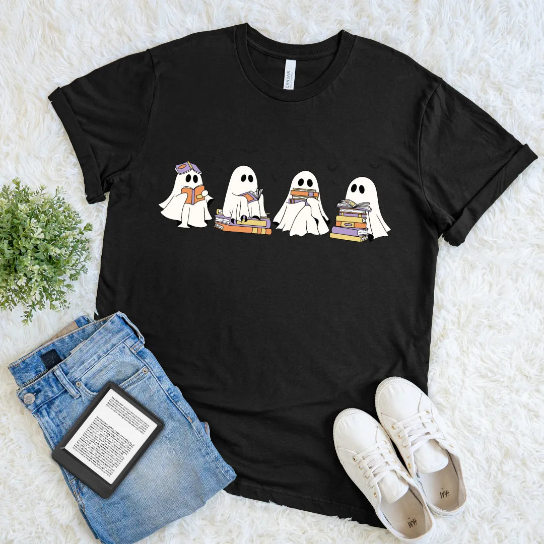 four cartoon ghosts reading books Halloween t-shirt