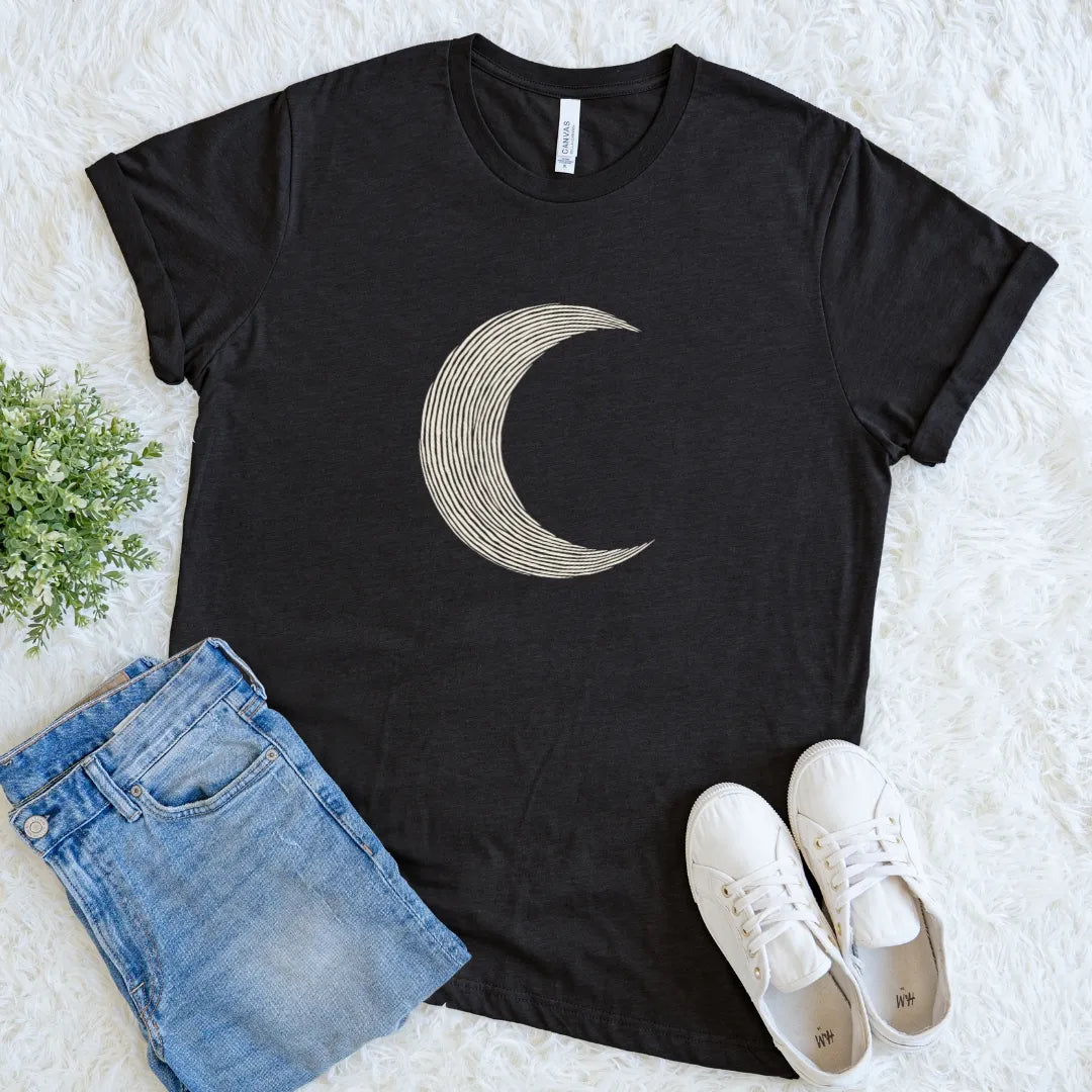 Black heather Crescent Moon T-shirt with minimalist cream celestial line art