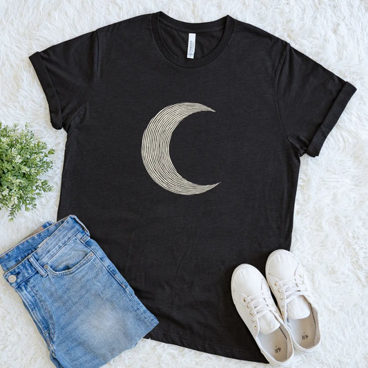 Black heather Crescent Moon T-shirt with minimalist cream celestial line art