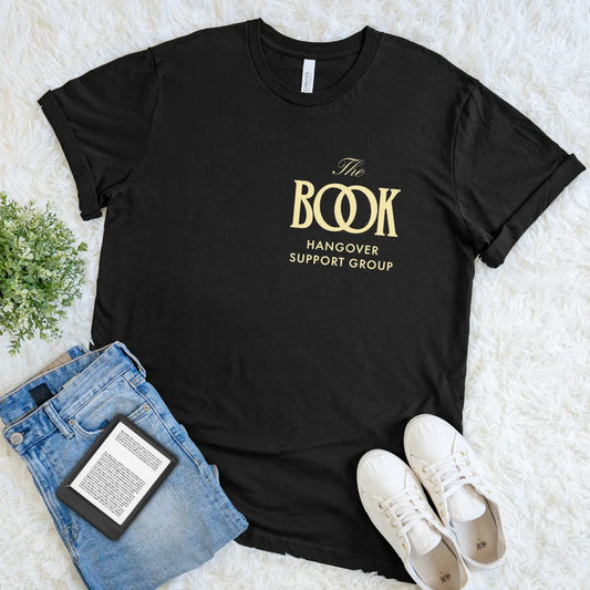 Black bookish T-shirt with fashion “the Book Hangover Support Group” gold  lettering