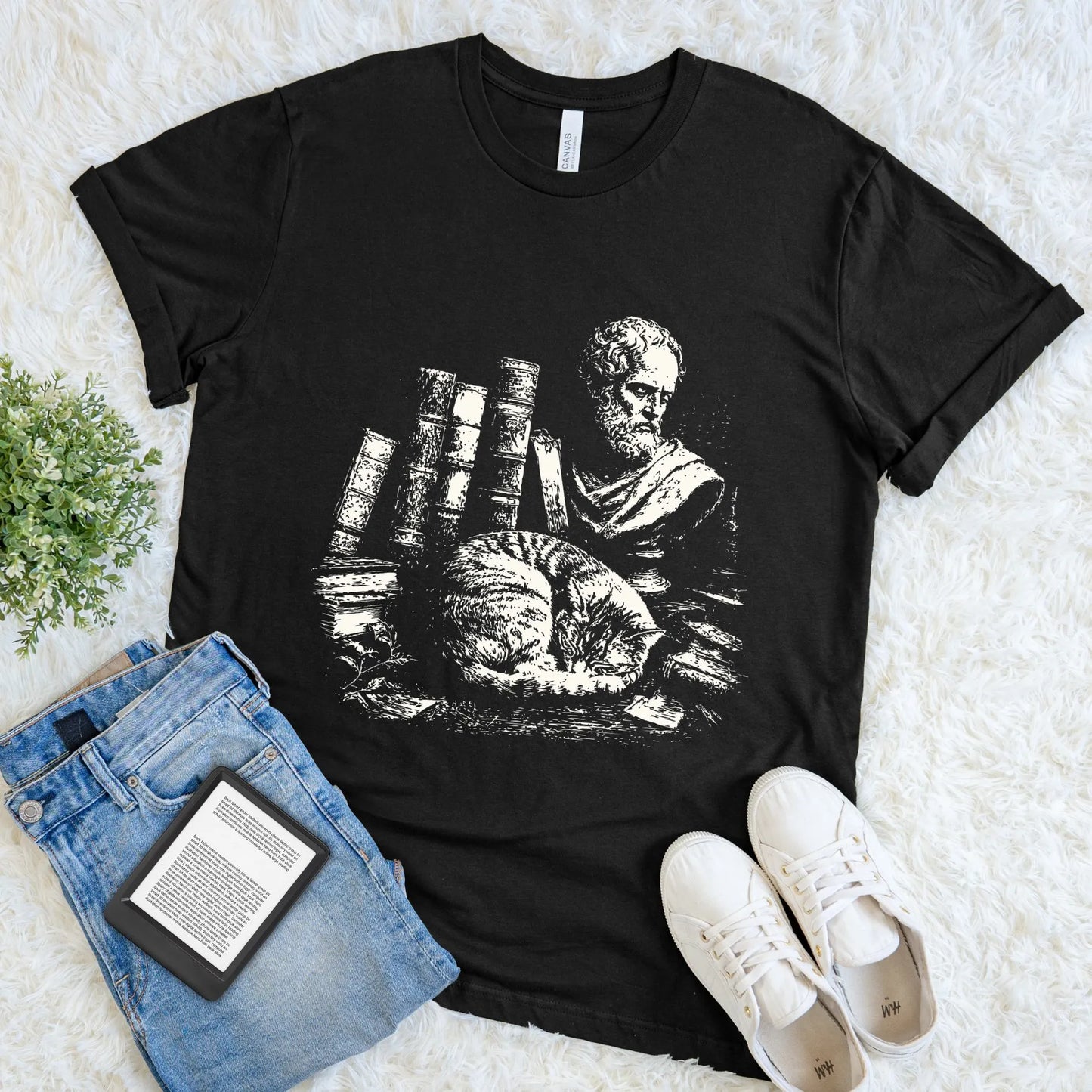 Dark Academia Graphic T-shirt - Library Cat and Classical Books Vintage Scholar Tee