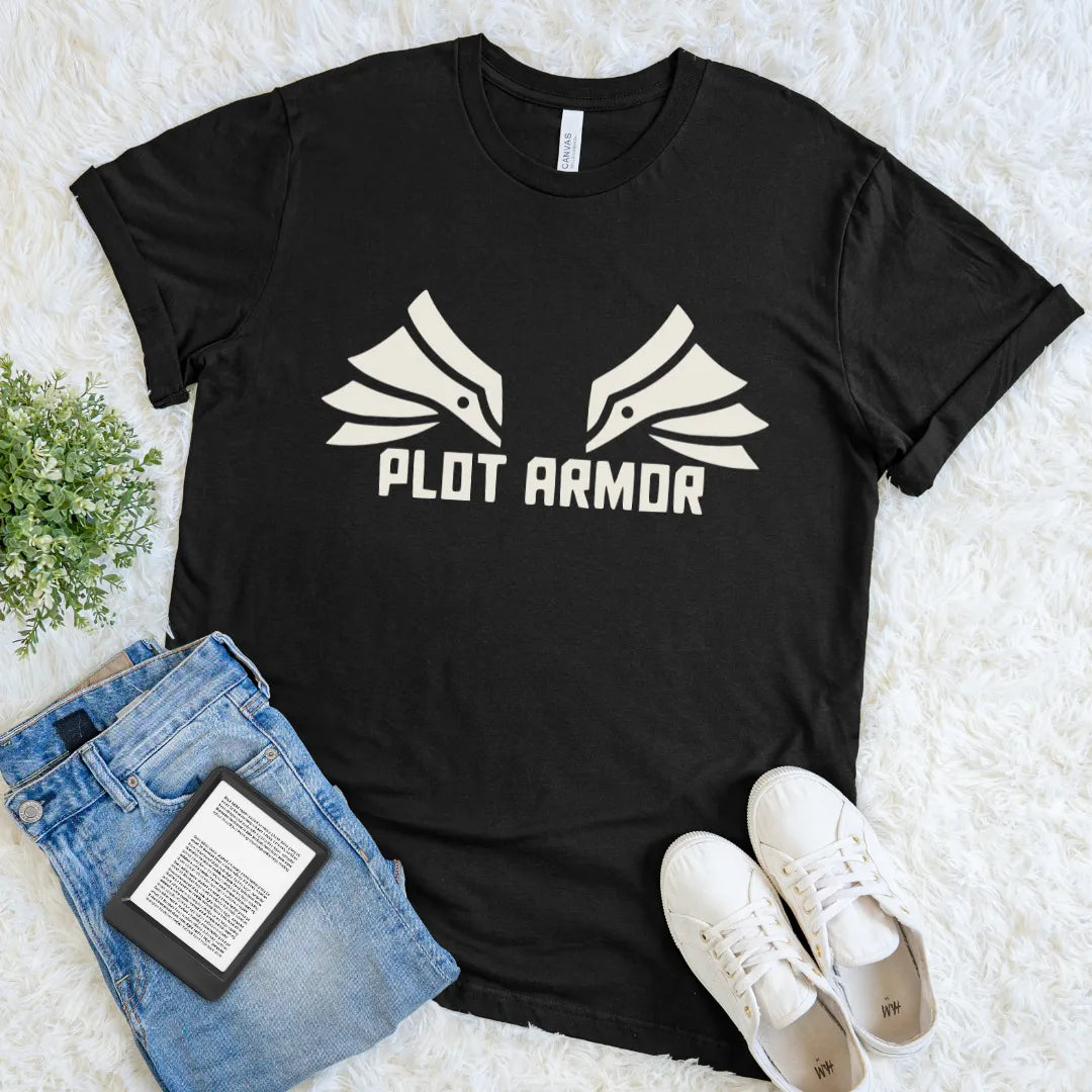 fantasy book lover tee with Plot Armor graphic design on black cotton