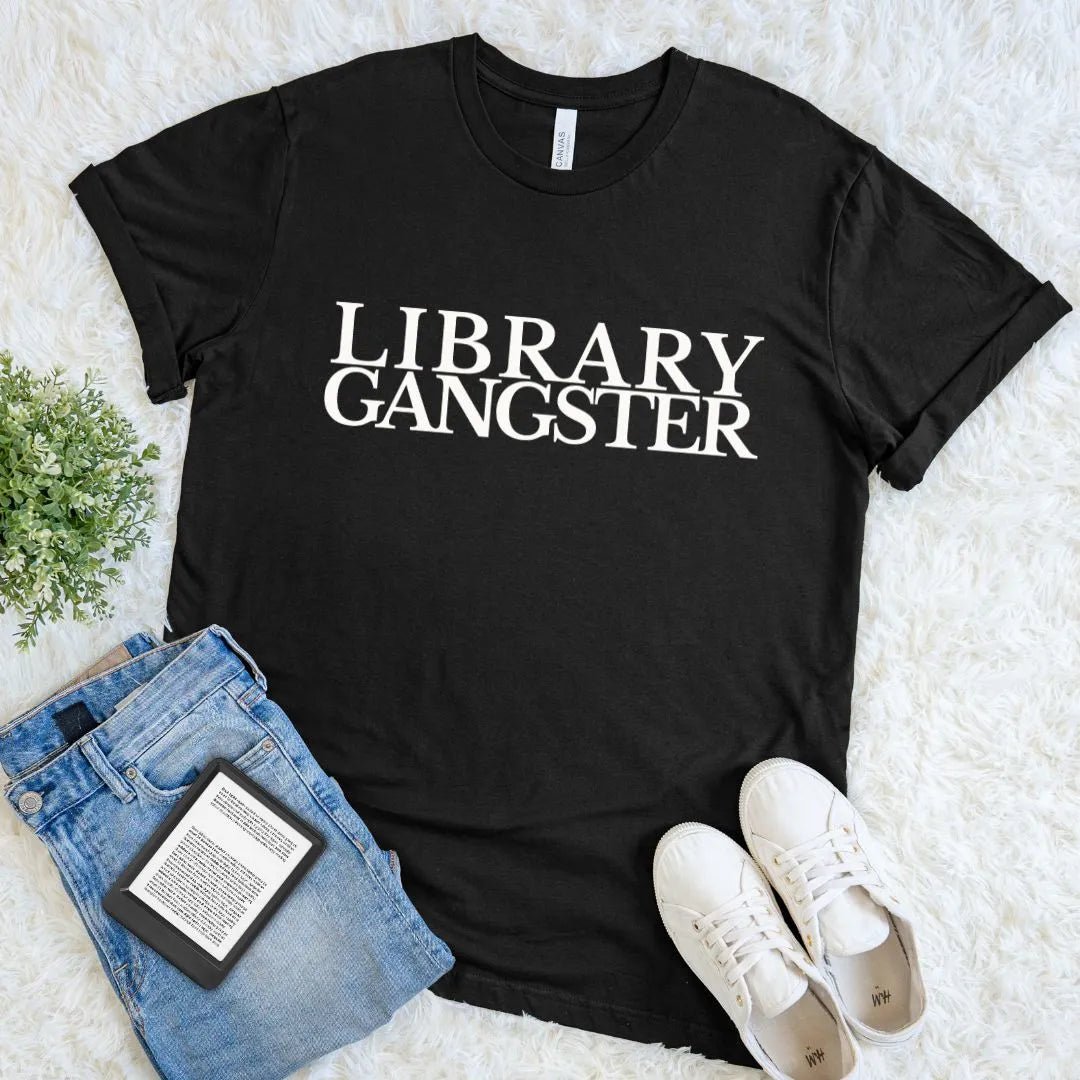 Black minimalist bookish tee for library lovers and avid readers with Library Gangster serif typography