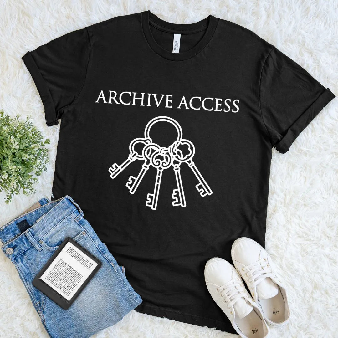 Black literary shirt with vintage skeleton keys for readers, librarians, and book collectors