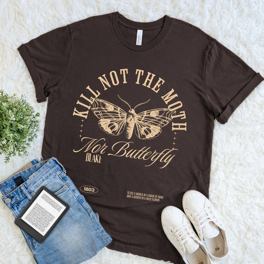 Vintage-inspired brown introvert shirt with detailed moth artwork and poetry quote in gold serif typography