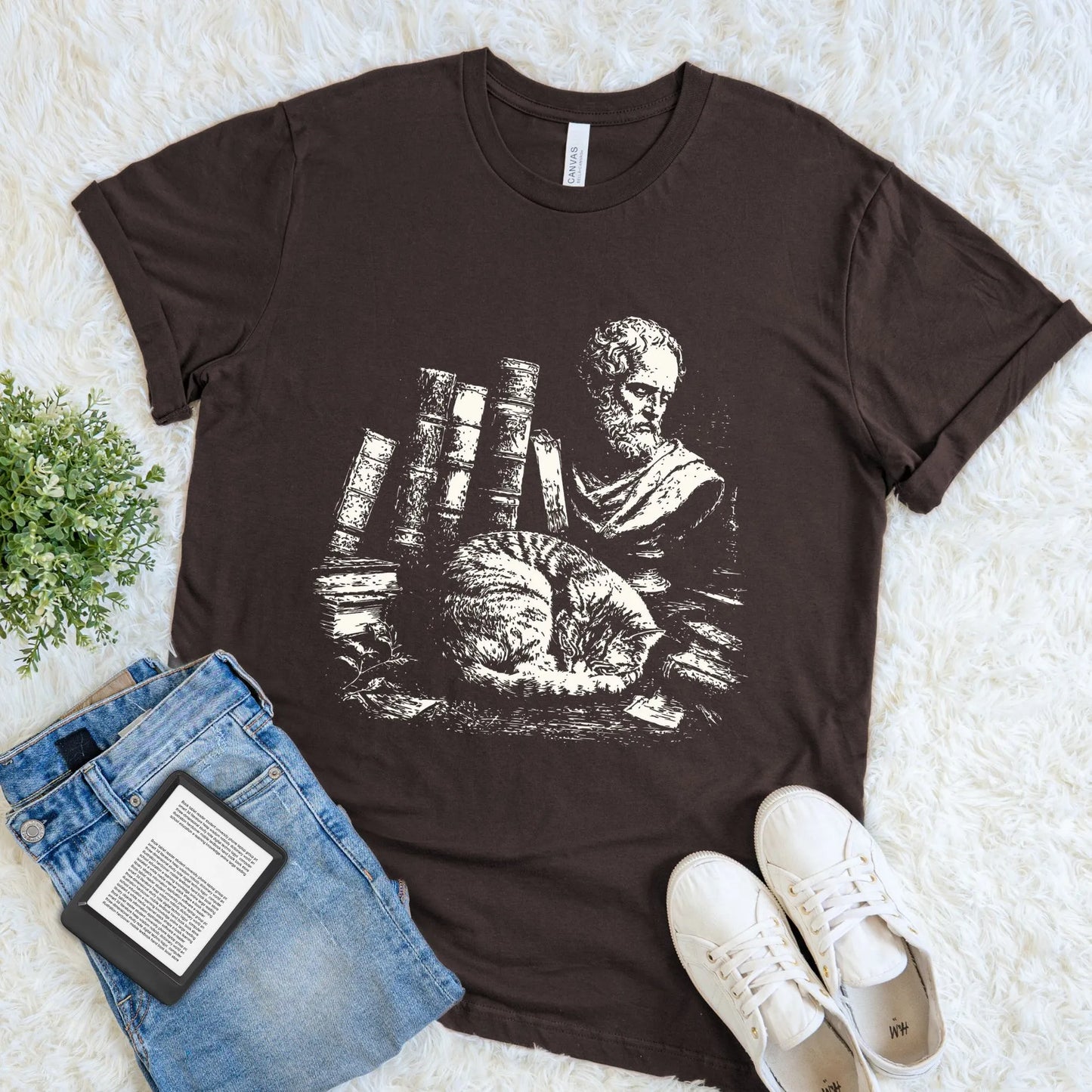 Dark Academia Graphic T-shirt - Library Cat and Classical Books Vintage Scholar Tee