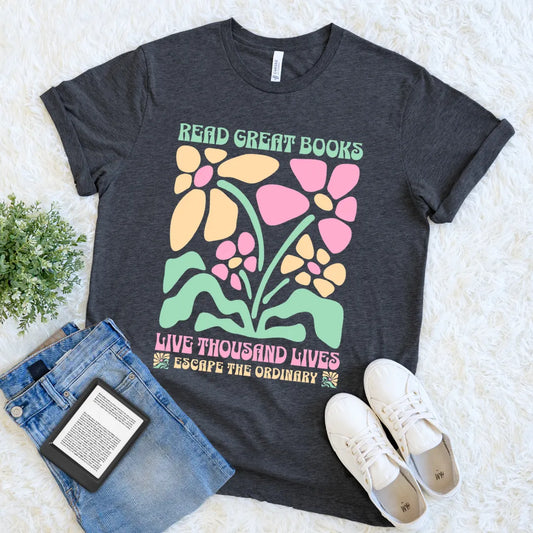 read great books live thousand lives boho floral tee
