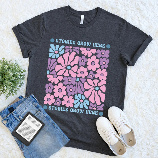 stories grow here reading tee with retro flowers