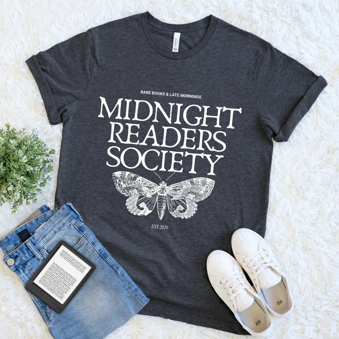 vintage inspired literary tee for late-night readers in dark grey heather 