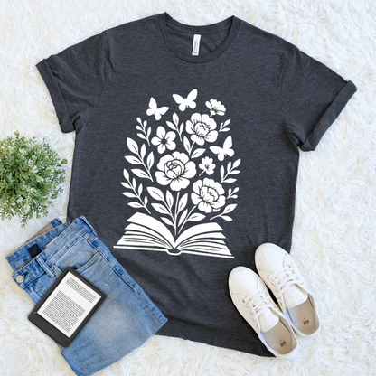 Dark gray T-shirt with open book and floral butterfly design