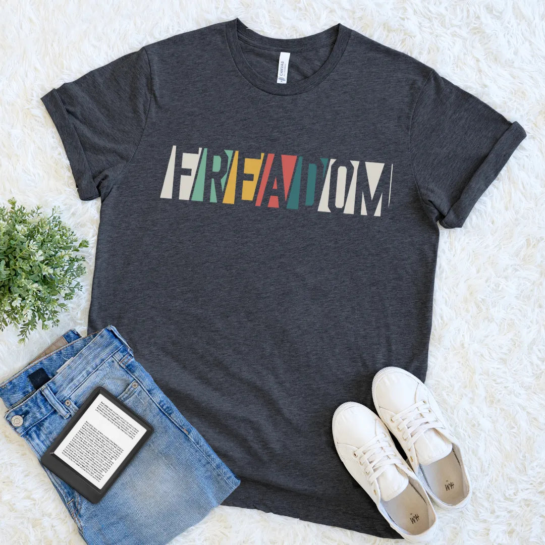 freadom vintage book lover tee with rainbow font