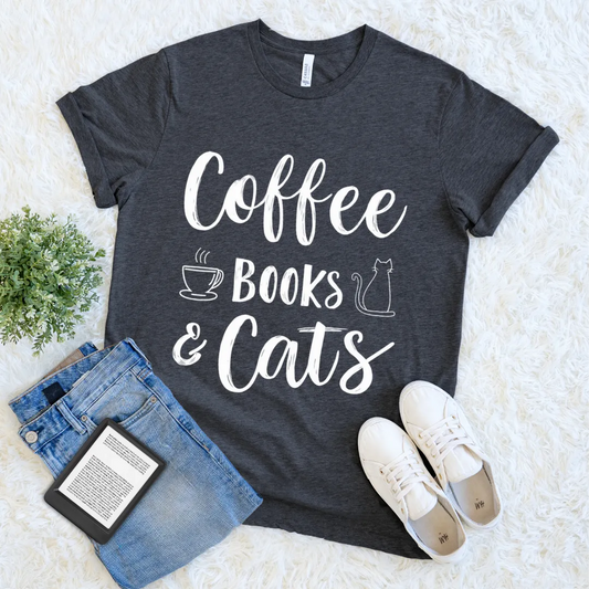 Cozy dark grey heather book lover tee with cat and coffee cup doodle graphics