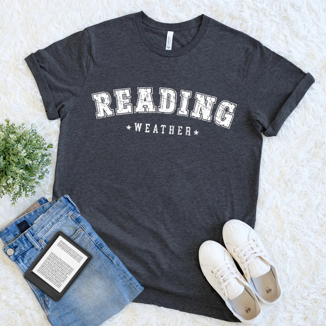 dark grey heather  T-shirt with bold “Reading Weather” vintage text design