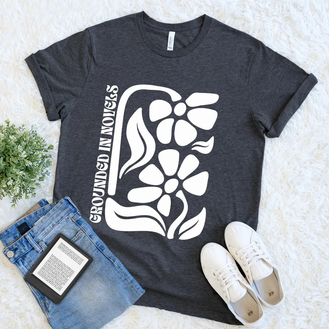 charcoal vintage bookish tee with white flower boho design