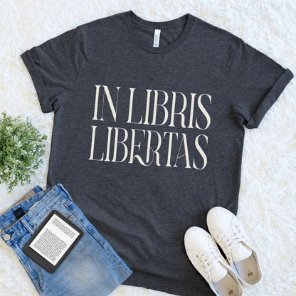 Dark grey heather variant of In Libris Libertas dark academia graphic tee highlighting the elegant Latin typography and scholarly aesthetic design