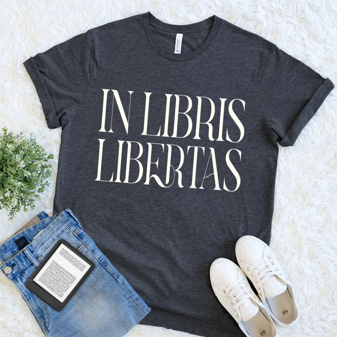 Dark Grey Heather book lover T-shirt with “In Libris Libertas” Latin quote, dark academia graphic tee for readers, bookworms, librarians, and literature lovers.