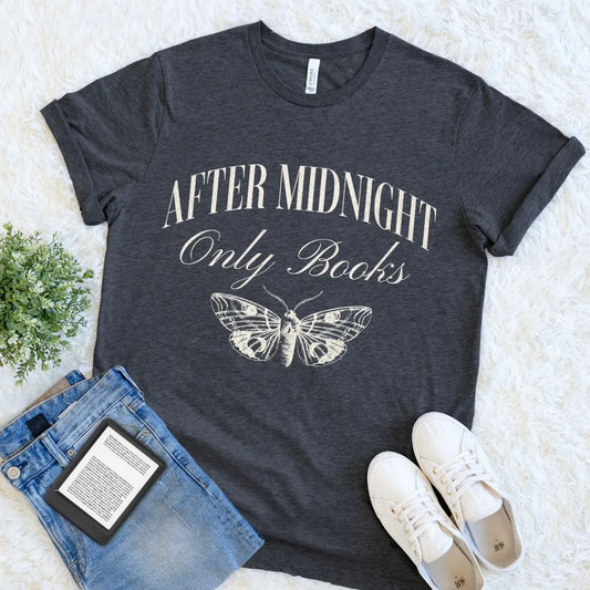 Soft dark grey heather reader shirt in cream serif typography and vintage moth illustration